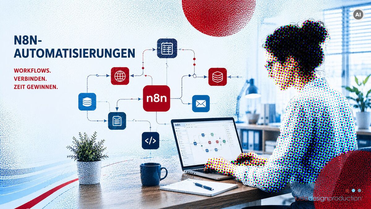 Konzeptgrafik mit einer Frau vor einem Laptop zum Thema n8n-Automatisierungen