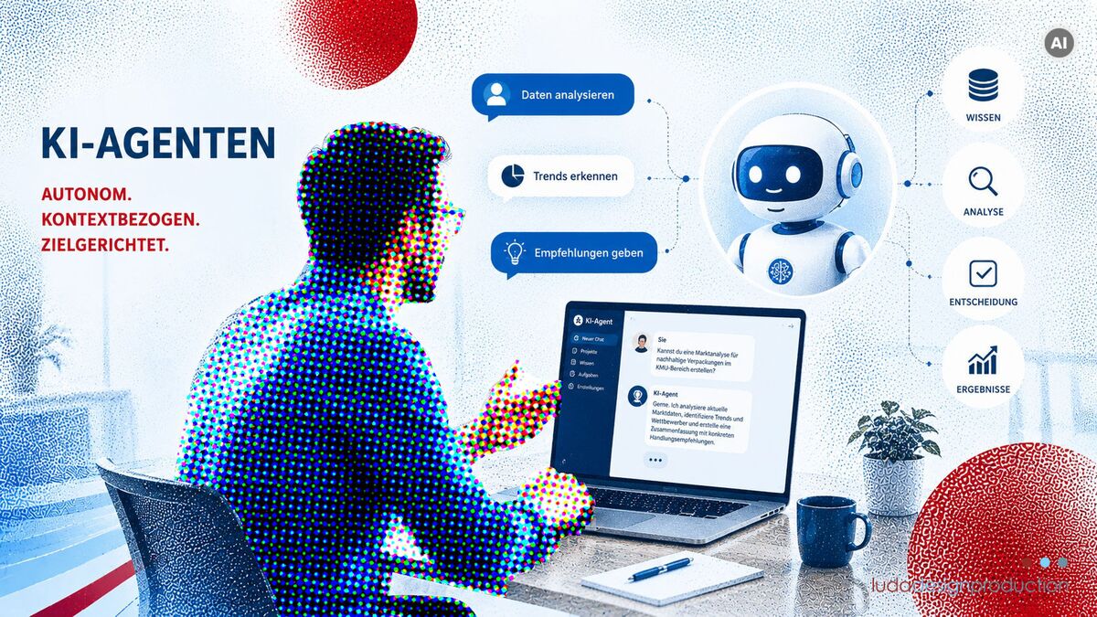 Konzeptgrafik Mann sitzt an einer Workstation und chattet mit einem AI-Bot