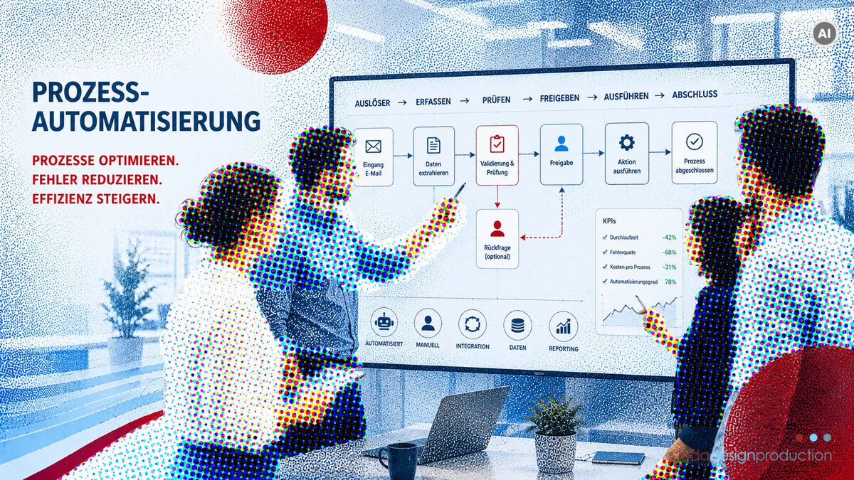 Konzeptgrafik mit vier Personen die am Whiteboard eine Prozess-Automatisierung modellieren